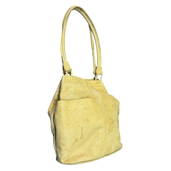Vintage Baganda Genuine Leather Yellow Gold Embossed Floral Tote Shoulder Bag - Picture 9 of 15